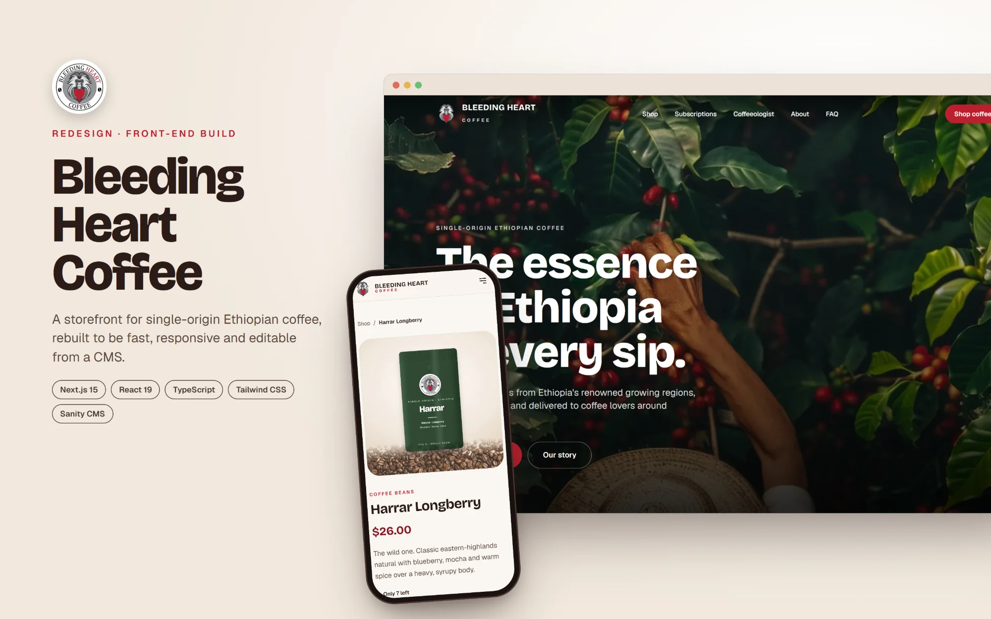 Bleeding Heart Coffee home page on desktop and a product page on a phone