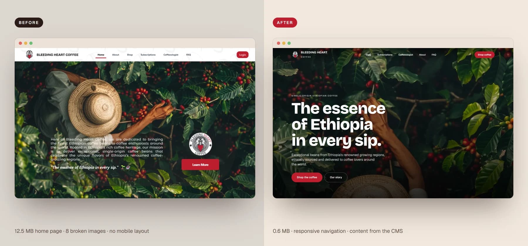 Original home page beside the redesign