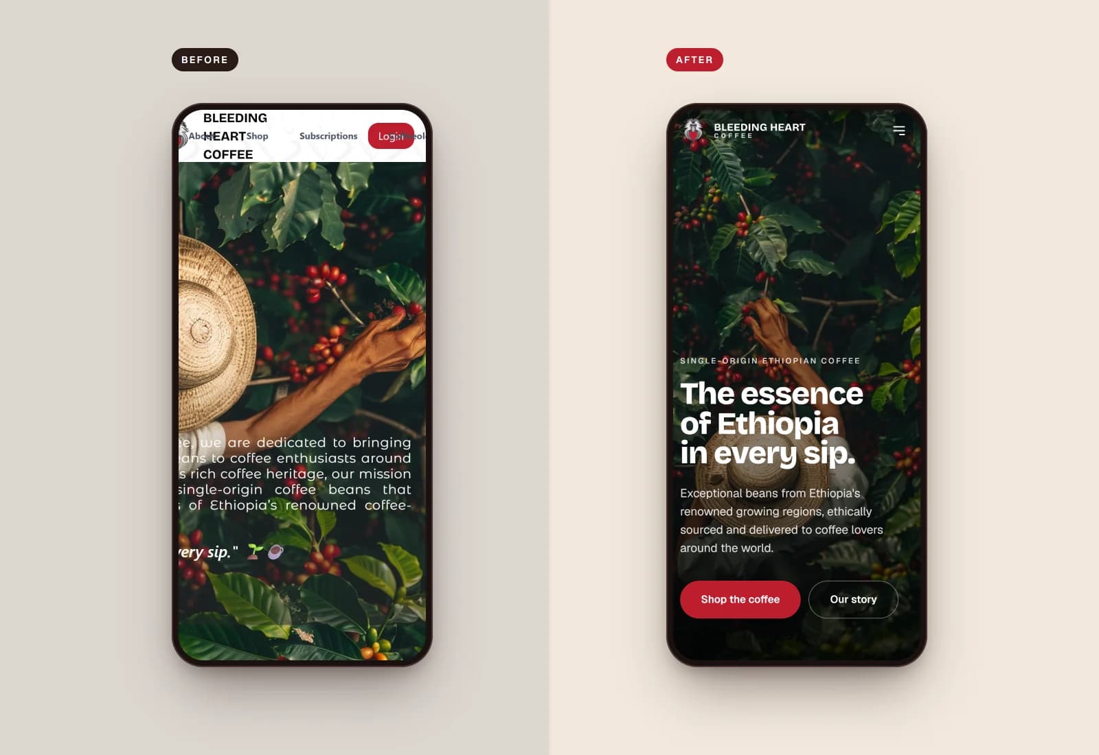 Original mobile home page beside the redesign